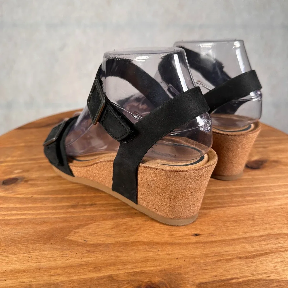 Aetrex Lexa Wedge Sandals Womens 36 Black Good Leather Orthotic Comfort